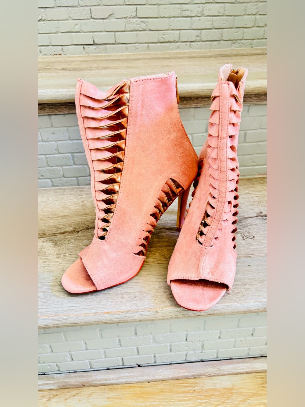 Cape Robbin Rose Gold & Pink Suede Cutout Metallic Peep-Toe Stiletto Booties NEW - Picture 8 of 16